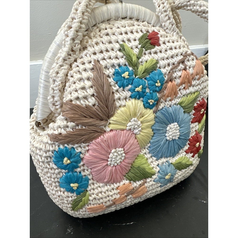 VTG 60s Magid Made In Japan Raffia Floral Embroidered Pinup Boho Handbag Purse - Picture 3 of 16